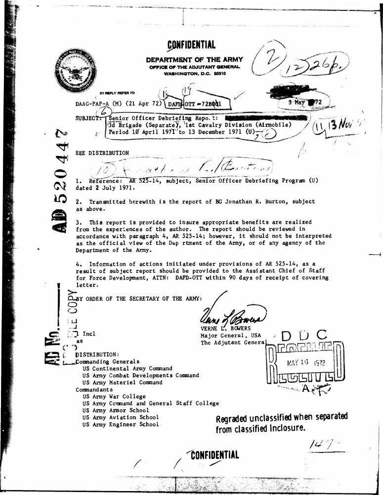 Title page of the Senior Officer Debriefing Report of BG Jonathan R. Burton, CG, 3rd Brigade (Separate), 1st Cavalry Division (Airmobile), period 10 April – 13 December 1971 (DTIC AD0520447). The full report can be downloaded from the link on this page.
