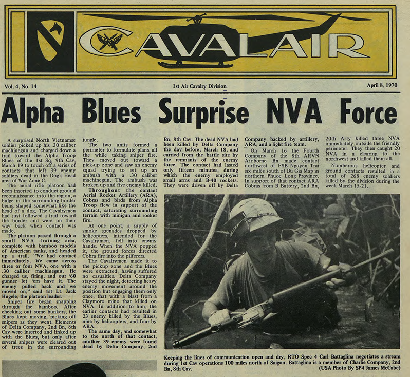 "Alpha Blues Surprise NVA Force" — the front-page account of the Dog's Head contacts, CAVALAIR Vol. 4 No. 14, 8 April 1970.
