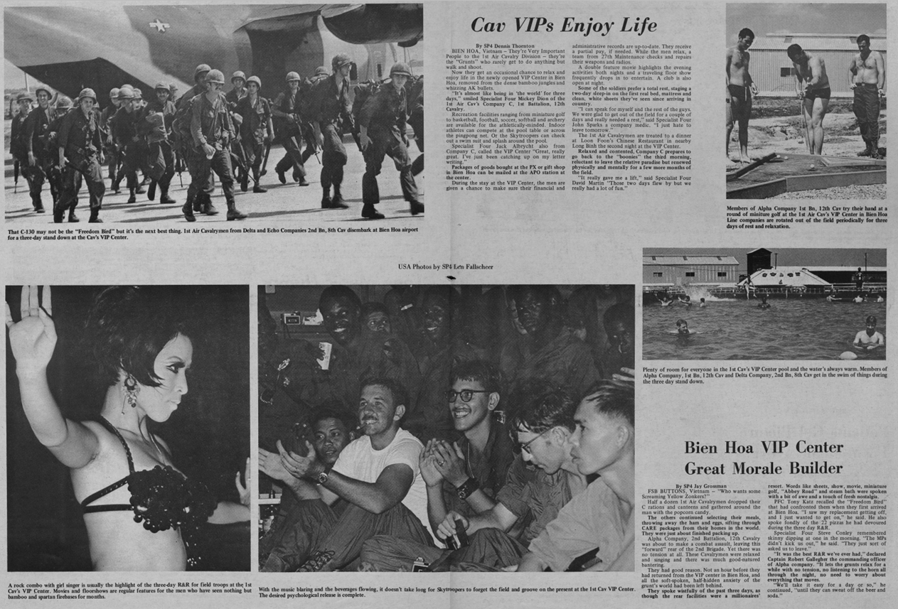 "Cav VIPs Enjoy Life" / "Bien Hoa VIP Center -- Great Morale Builder" -- the two-page stand-down spread, CAVALAIR Vol. 4 No. 14, 8 April 1970. Top left: Delta and Echo Companies, 2nd Bn, 8th Cav step off a C-130 at Bien Hoa; lower right: D Company men in the VIP Center pool.
