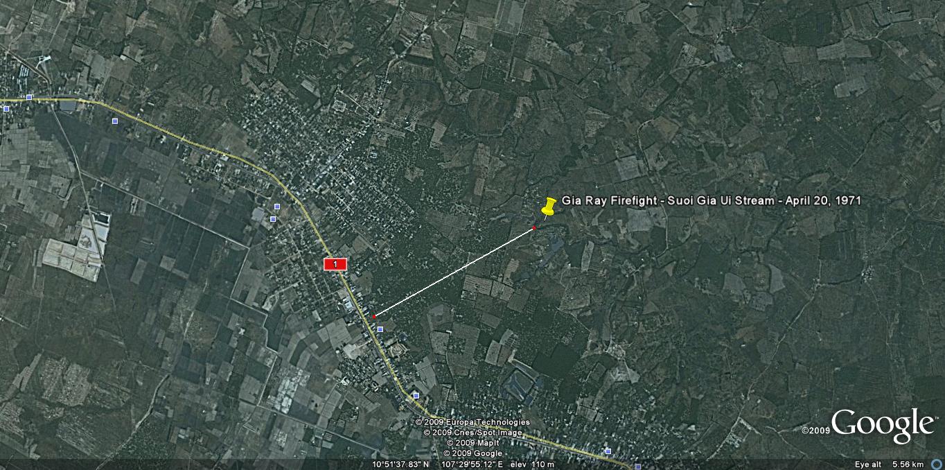 Google Earth view of the Gia Ray area with firefight placemark (~2009). Note: Suoi Gia Ui was subsequently dammed to form Hồ Gia Ui — this image may show post-dam conditions.