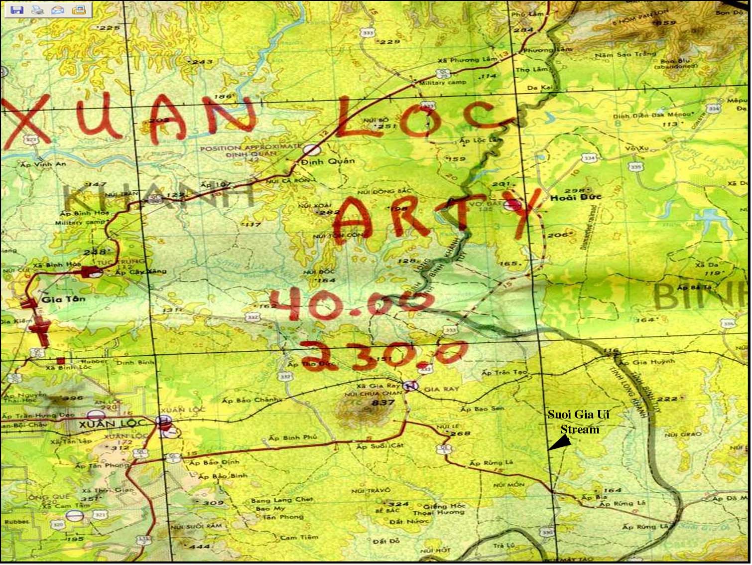 Military topographic map annotated to show the Suoi Gia Ui firefight location (circled). Pre-dam — the most reliable source for 1971 stream topography.