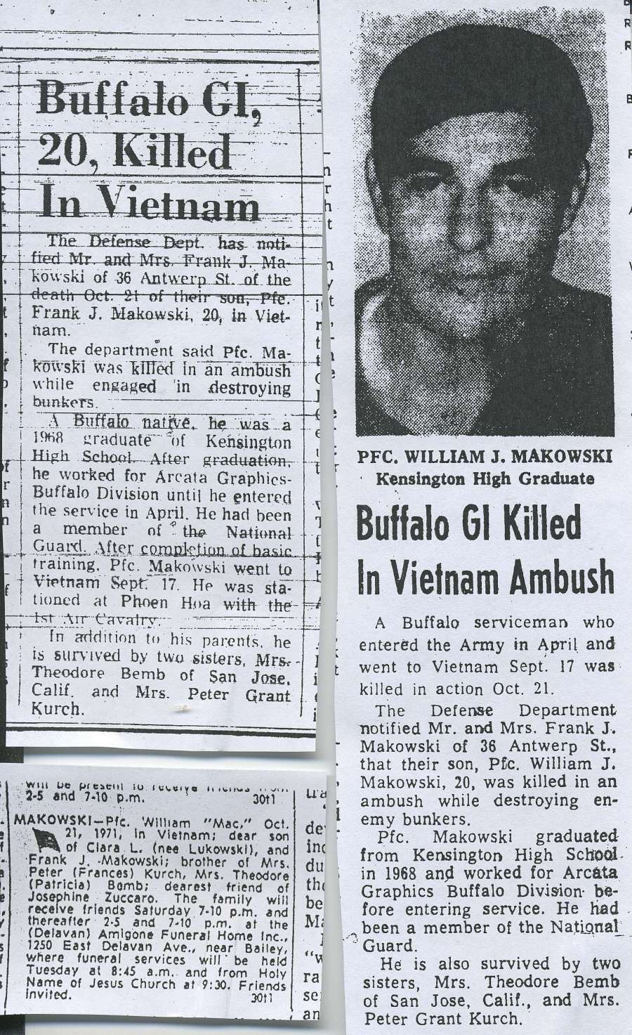 Newspaper clipping relating to the death of Bill Makowksi
