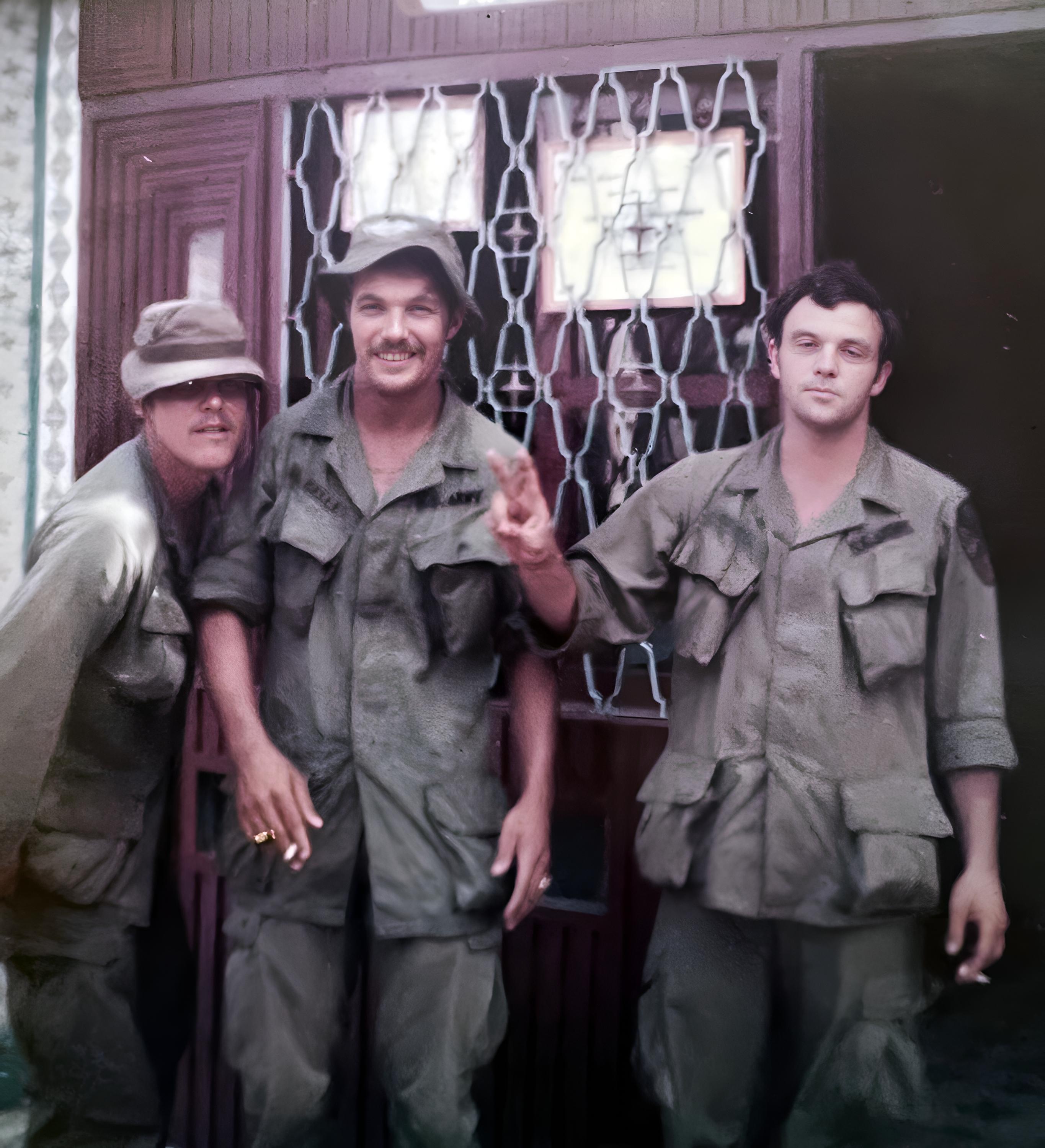 From L to R: Roger Schaffer, Leroy Sells and Larry "Pops" Fishell, outside a popular bar in Vung Tao.